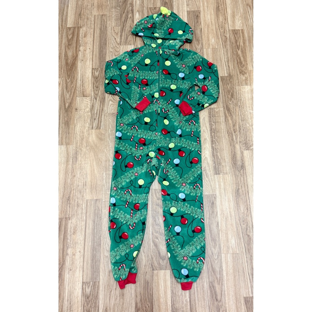 Cat & Jack Kids Green Christmas Tree Lights Fleece Hooded Unisex Pajamas Size 6